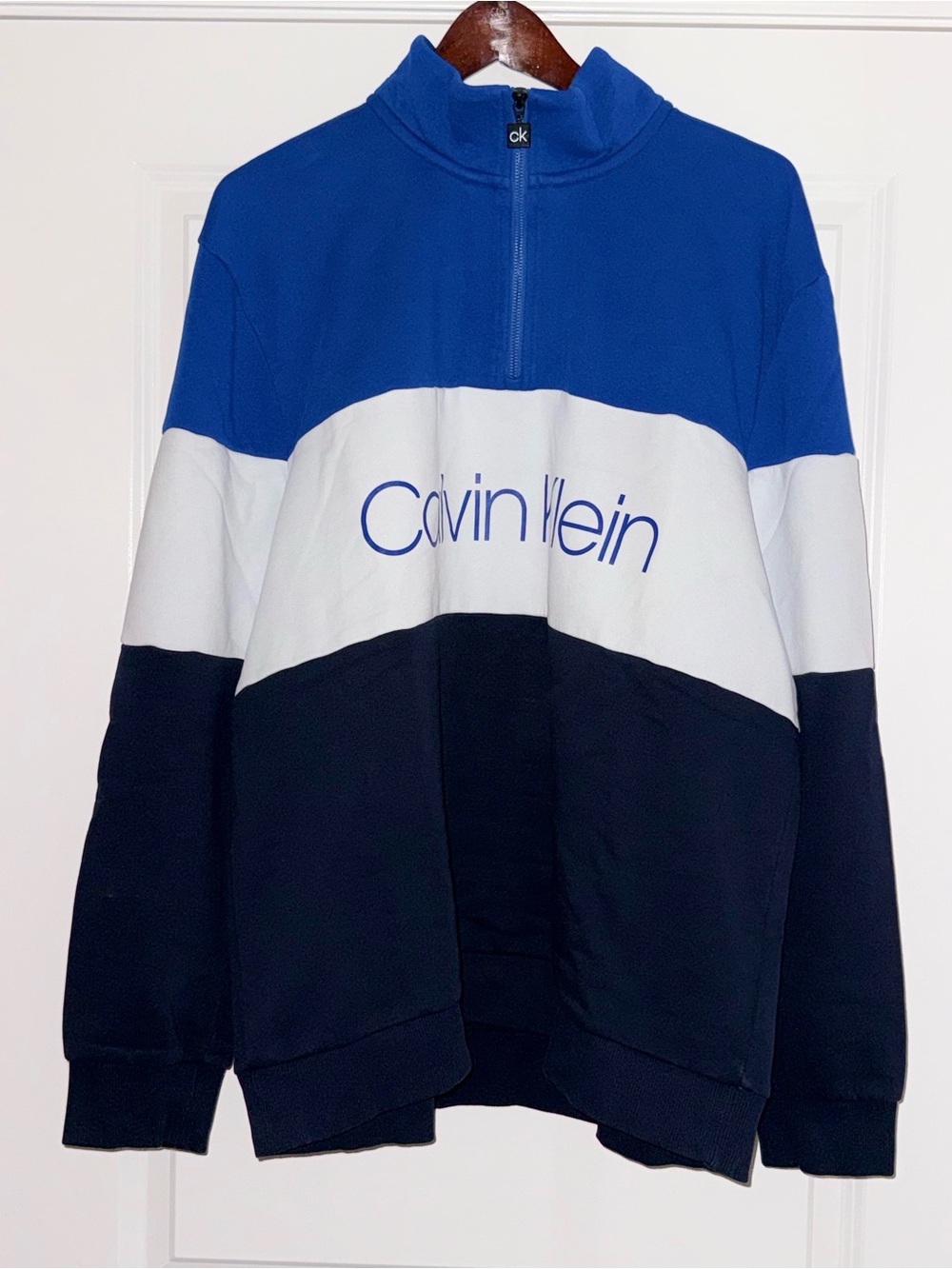 Calvin Klein Mens XXL Blue White Navy Colorblock Quarter-Zip Pullover